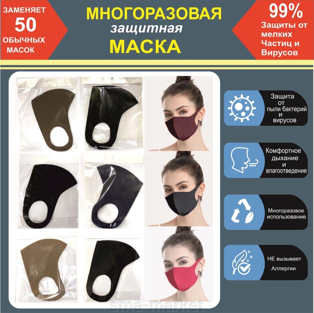 Багаторазова захисна Антибактеріальна Маска в ІНДИВІДУАЛЬНІЙ упаковці (Мікс) від компанії sma-market - фото 1