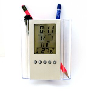 Підставка для канцтоварів з електронним годинником і термометром.