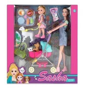 Лялька 51815 (30/2) висота 30 см, 2 ляльки, 3 домашні улюбленці, коляска, знімний одяг та взуття, в коробці