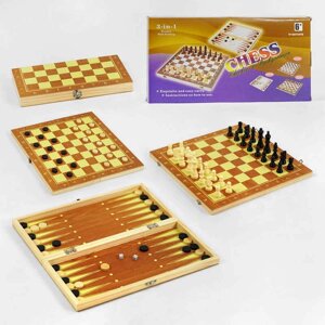 Шахи З 45026 (36) 3в1, дерев'яна дошка, дерев'яні шахи, в коробці