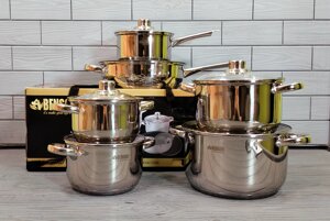 Набір кухонного посуду з неіржавкої сталі 12 предметів Benson BN-208/Набір каструль + сковорода