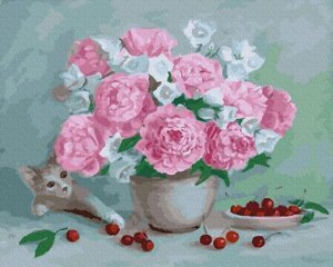 Набір для малювання картини "Картина за номерами" Квіти, вишні і кошеня Арт. BK-GX23647 ТМ "Rainbow art"