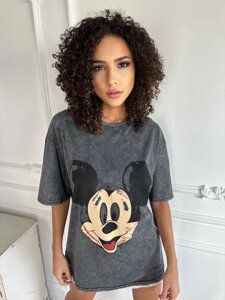 Жіноча футболка - варенка з принтом Mickey mouse у стилі оверсайз