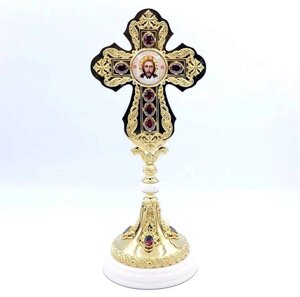 Хрест священика з латуні у позолоті з прикрасами на підставці з декоративного каменю - 2.7.1298лпч-2