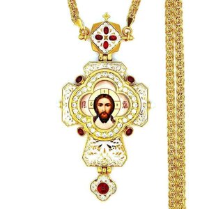 Православний хрест священика латунний у позолоті з камінням та ланцюгом - 2.10.0417лпф-2^1лп
