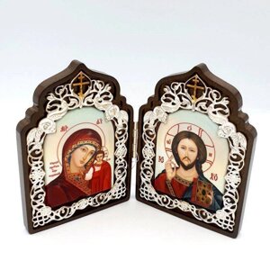 Складень на дереві з образами Ісуса Христа і Божої Матері Казанської латунні - 2.77.0115л