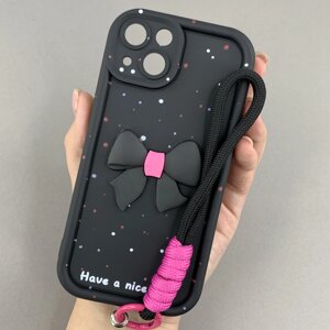 Чохол для Apple iPhone 13 чохол з бантиком з коротким ремінцем на руку на телефон айфон 13 чорний q01u