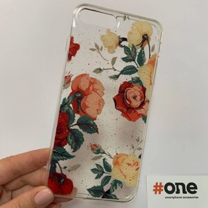 Чохол для iPhone 8 Plus c блискітками з принтом квітів чохол на телефон айфон 8 плюс прозорий FLR