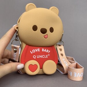 Сумка на плече дитяча силіконова Bear Love сумочка ведмедик для дитини (розмір 12.5*15*5) коричнева з червоним