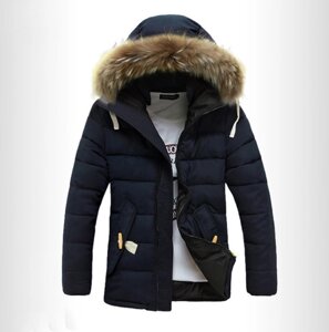 Чоловіча куртка з хутряним капюшоном "зима" темно-синій L, XL, XXL