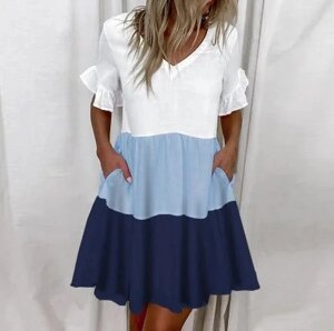 Платье летнее трехцветное с карманами Megan софт синий, капучино 42-44, 44-46