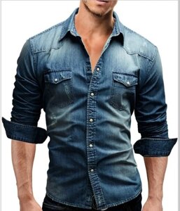 Сорочка чоловіча джинсова з довгим рукавом розміри M, L, XL, XXL код 60