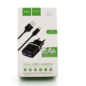 Зарядний пристрій USB адаптер Hoco C12 USBх2 Charger 2.4A Чорний