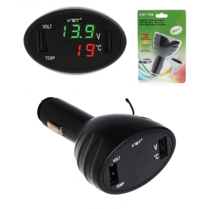 Автомобільний термометр вольтметр USB зарядка VST 708-2 чорний у прикурювач від компанії Інтернет-магазин  towershop.online - фото 1