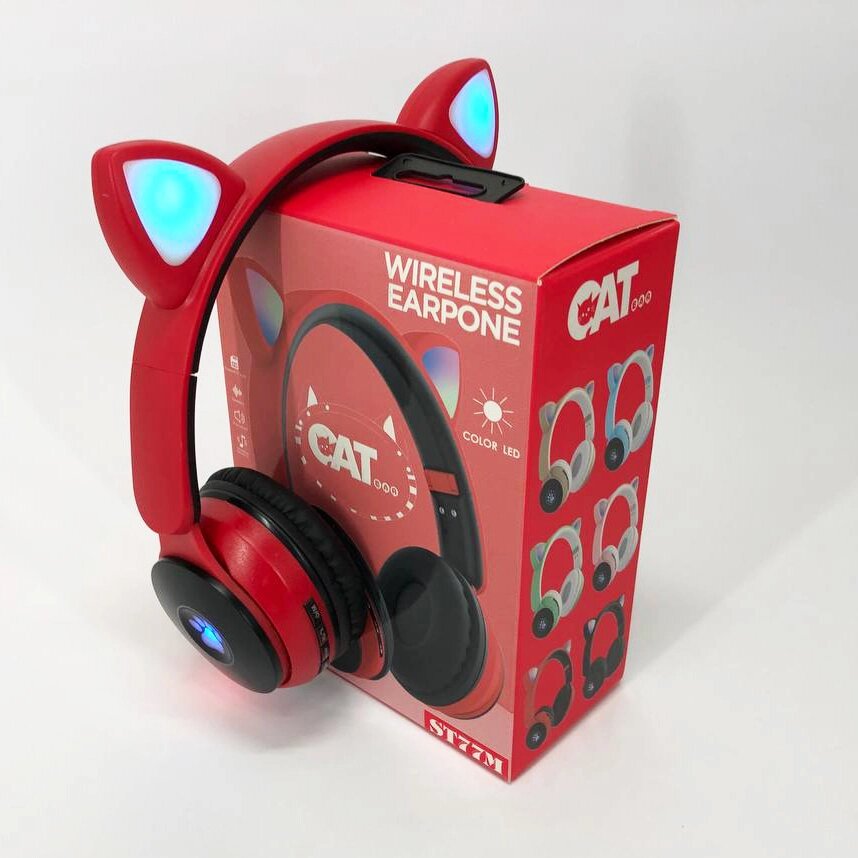 Бездротові навушники ST77 LED зі котячими вушками, що світяться. Колір червоний від компанії Інтернет-магазин  towershop.online - фото 1