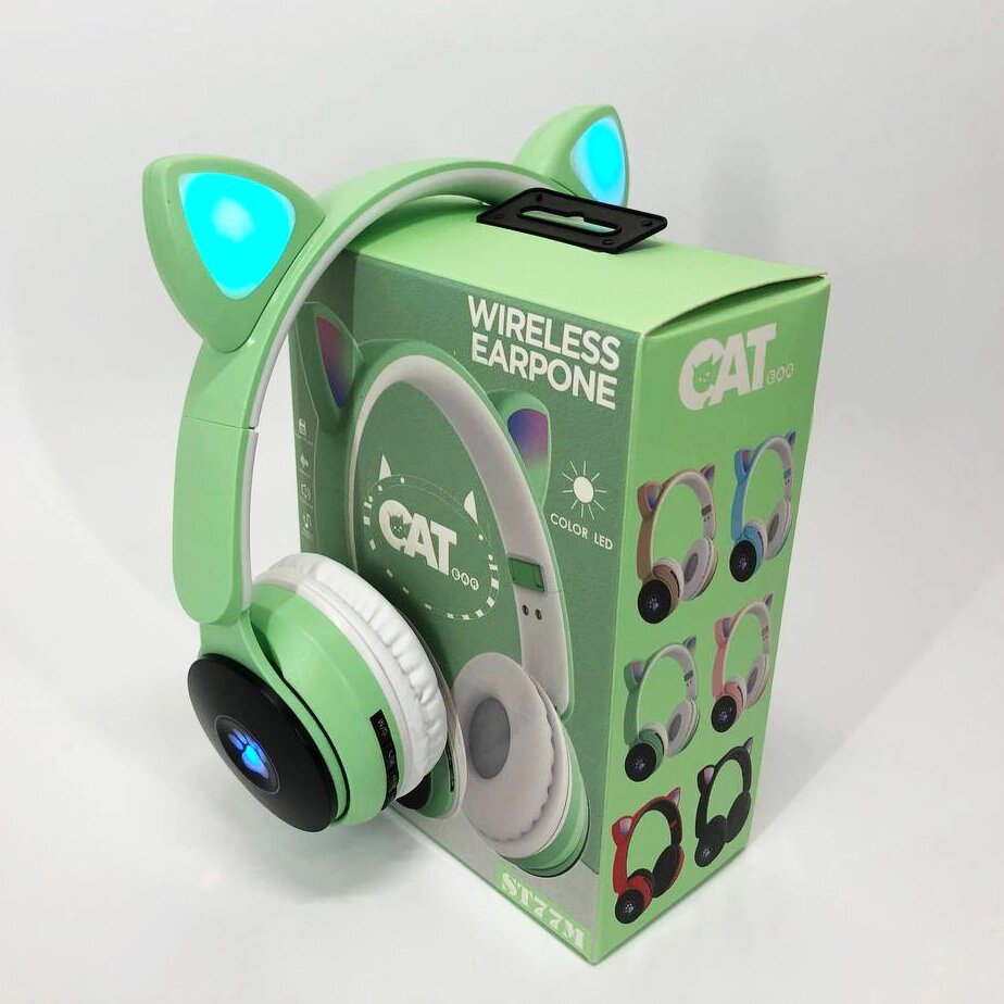 Бездротові навушники ST77 LED зі котячими вушками, що світяться. Колір зелений від компанії Інтернет-магазин  towershop.online - фото 1