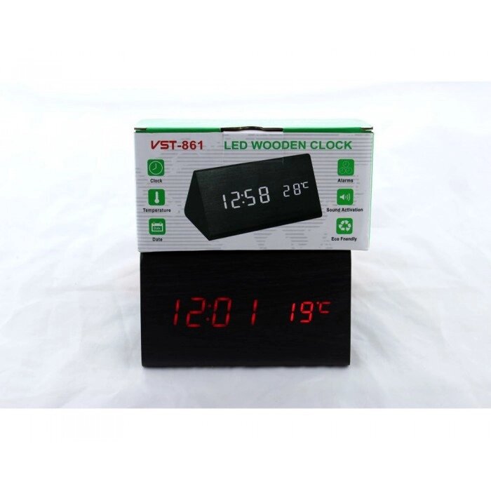 Дерев'яні Настільні годинник VST-861 світлодіодні ( Червона підсвічування ) Чорні від компанії Інтернет-магазин  towershop.online - фото 1