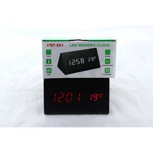 Дерев'яні Настільні годинник VST-861 світлодіодні ( Червона підсвічування ) Чорні