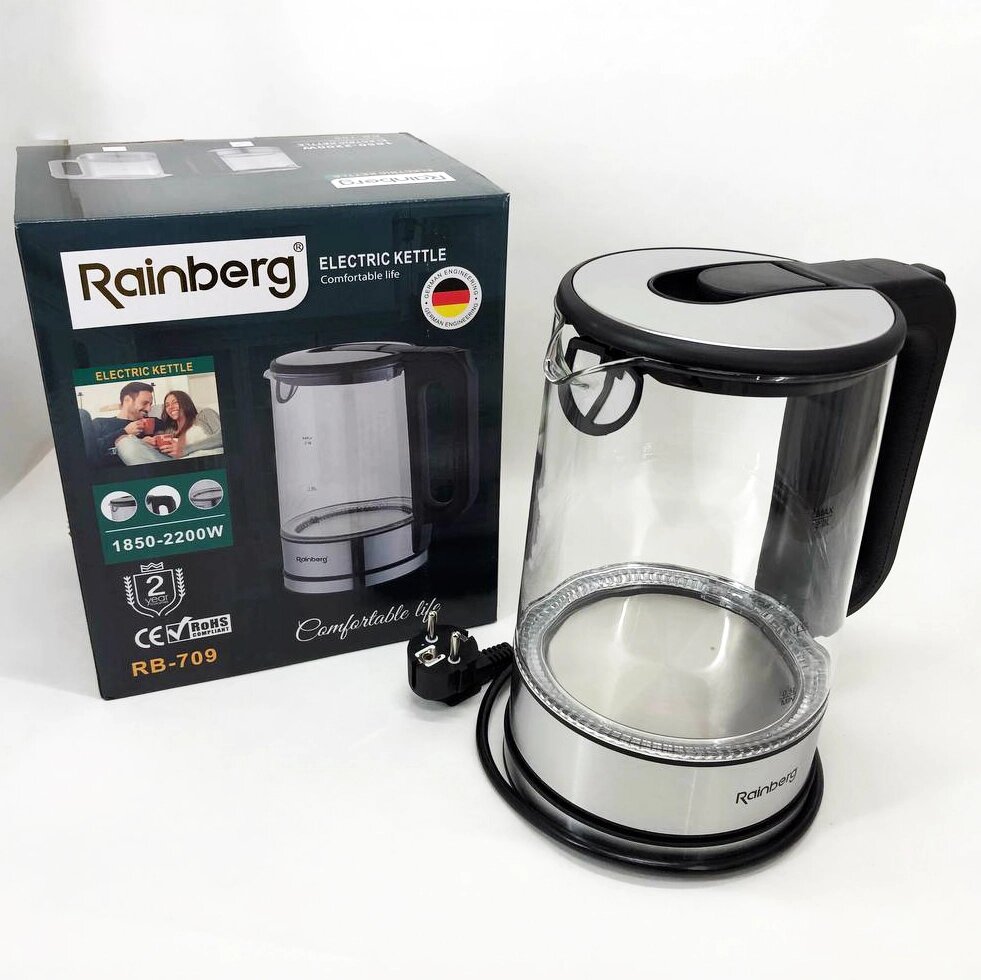Дисковий електричний чайник Rainberg RB-709 скляний з підсвічуванням, безшумний чайник. Колір чорний від компанії Інтернет-магазин  towershop.online - фото 1