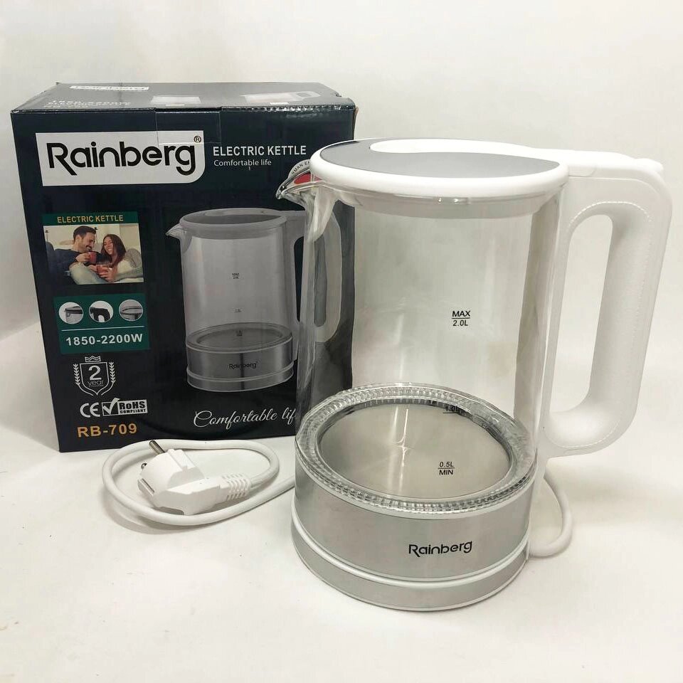 Дисковий електричний чайник Rainberg RB-709 скляний з підсвічуванням, електро чайник. Колір білий від компанії Інтернет-магазин  towershop.online - фото 1