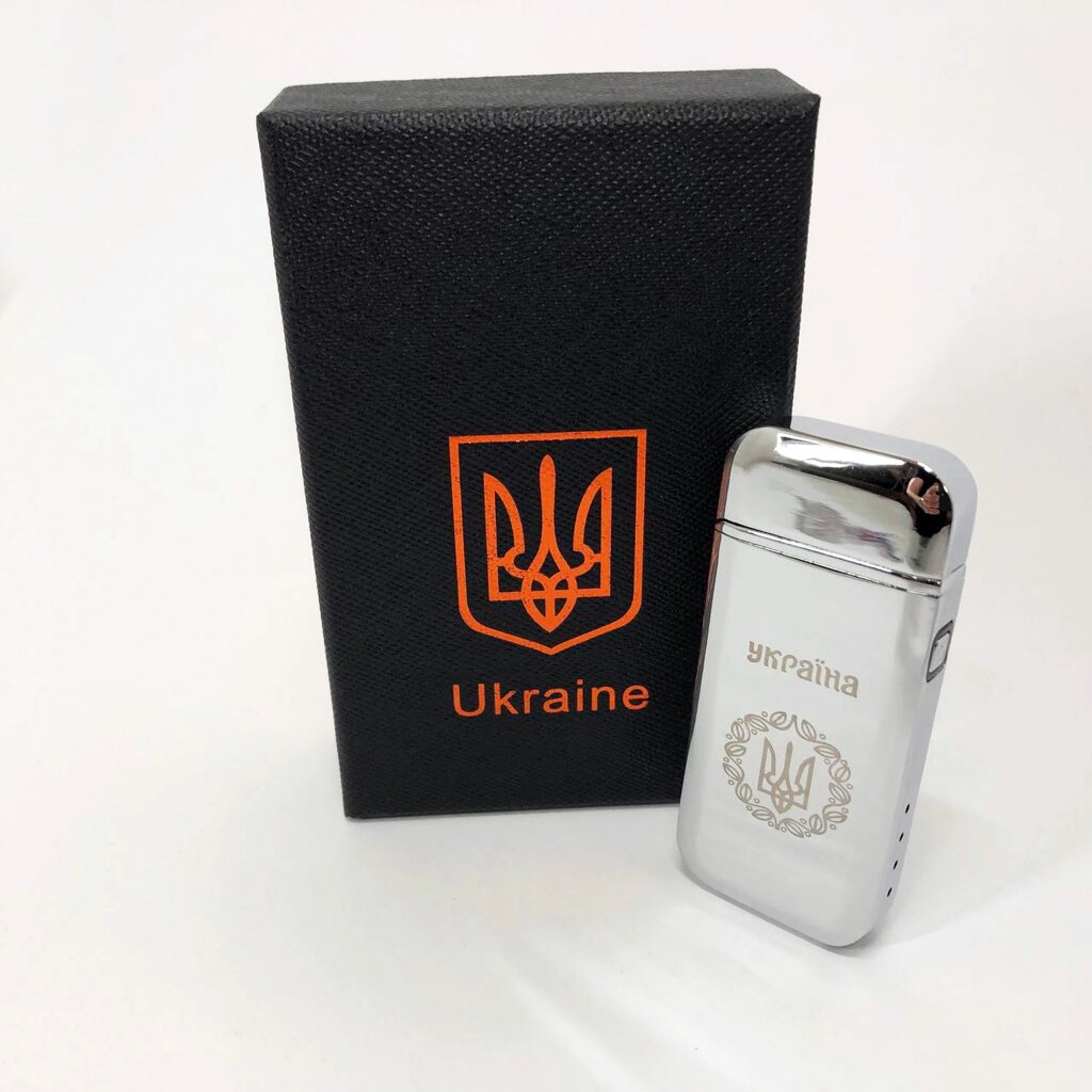 Дугова електроімпульсна USB запальничка Герб України індикатор заряду, ліхтарик HL-442. Колір: срібло від компанії Інтернет-магазин  towershop.online - фото 1