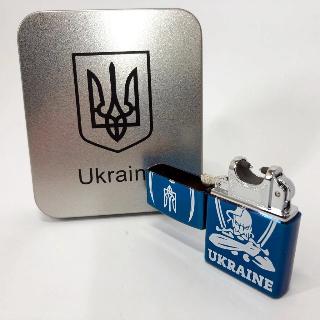 Дугова електроімпульсна USB запальничка Україна (металева коробка) HL-449. Колір: синій від компанії Інтернет-магазин  towershop.online - фото 1