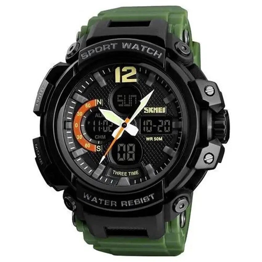Годинник наручний чоловічий SKMEI 1343AG ARMY GREEN, годинник тактичний протиударний. Колір зелений від компанії Інтернет-магазин  towershop.online - фото 1