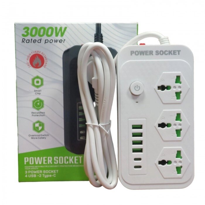 Мережевий подовжувач фільтр Power Socket J07 на 3 розетки + 4 USB 3.4A та 2 Type-C Білий від компанії Інтернет-магазин  towershop.online - фото 1