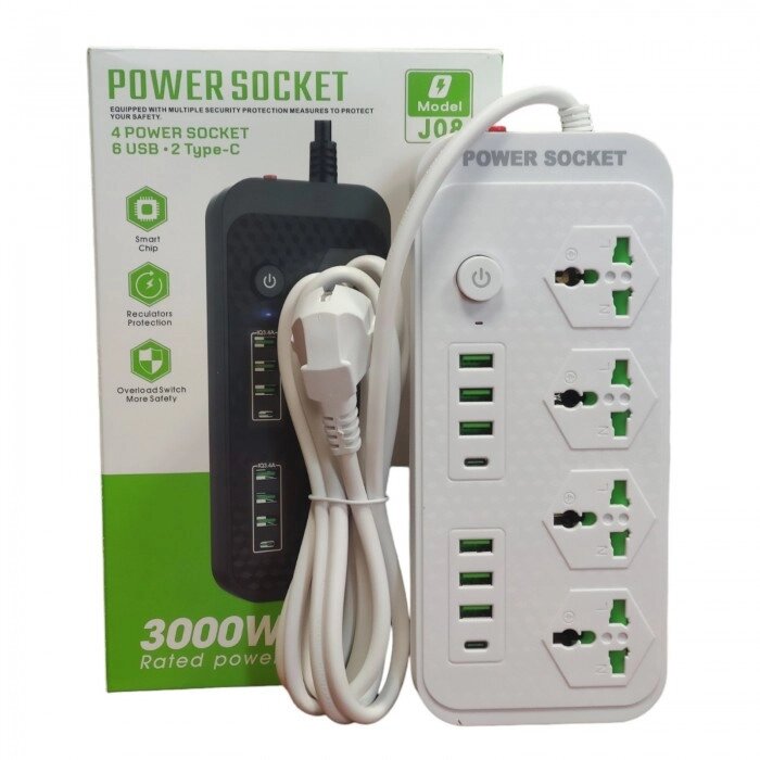 Мережевий подовжувач фільтр Power Socket J08 на 4 розетки + 6 USB 3.4A та 2 Type-C Білий від компанії Інтернет-магазин  towershop.online - фото 1