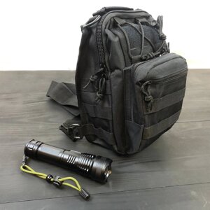 Набір: армійська чорна сумка + ліхтар тактичний професійний POLICE BL-X71-P50