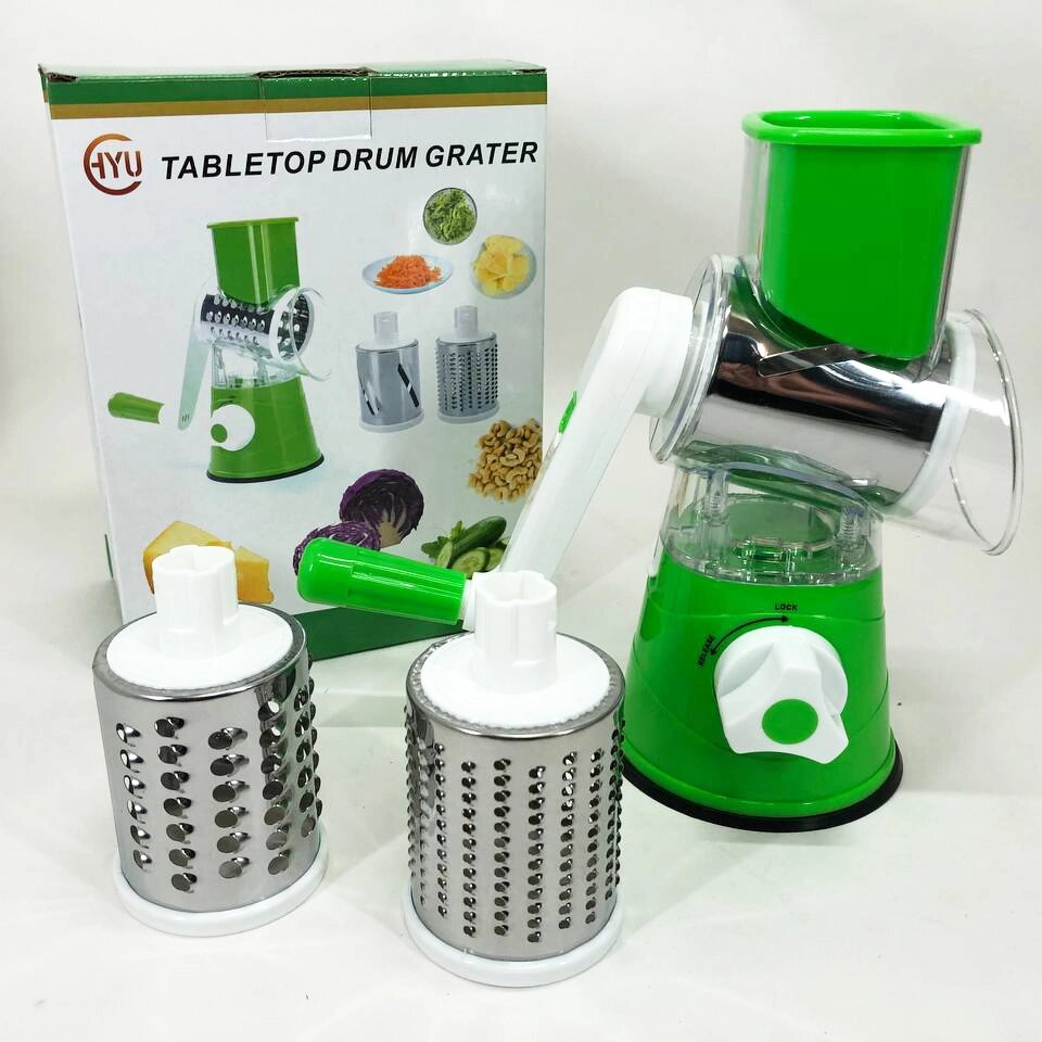 Овочерізка мультислайсер Tabletop Drum Grater Kitchen Master Терка для овочів та фруктів 3 насадки. Колір зелений від компанії Інтернет-магазин  towershop.online - фото 1