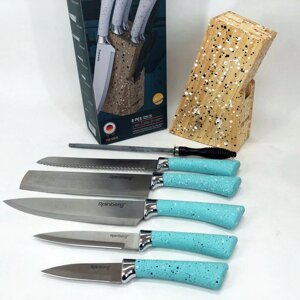 Набір ножів Rainberg RB-8806 на 8 предметів з ножицями та підставкою, з нержавіючої сталі. Колір блакитний