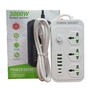 Мережевий подовжувач фільтр Power Socket J07 на 3 розетки + 4 USB 3.4A та 2 Type-C Білий в Львівській області от компании Интернет-магазин  towershop.online