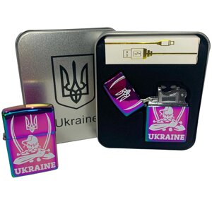 Дугова електроімпульсна USB запальничка Україна (металева коробка) HL-449. Колір: хамелеон