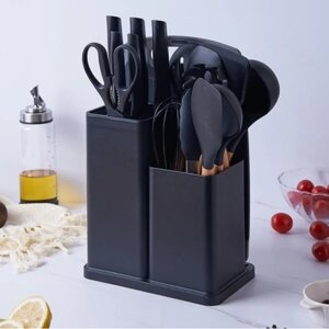 Силіконовий кухонний набір приладдя з дерев'яною ручкою Kitchenware Set 19 предметів Чорний в Львівській області от компании Интернет-магазин  towershop.online