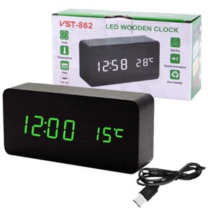 Електронний годинник VST-862-4, з датчиком температури, будильник, живлення від USB. Колір: чорний