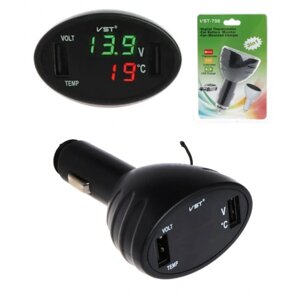 Автомобільний термометр вольтметр USB зарядка VST 708-2 чорний у прикурювач