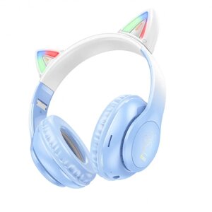 Навушники Hoco W42 Cat Ear Bluetooth з котячими вушками та LED підсвічуванням Блакитні з білим