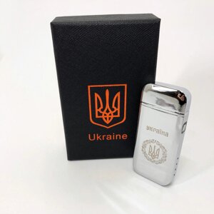 Дугова електроімпульсна USB запальничка Герб України індикатор заряду, ліхтарик HL-442. Колір: срібло