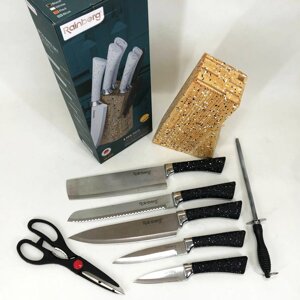 Набір ножів Rainberg RB-8806 на 8 предметів з ножицями та підставкою, з нержавіючої сталі. Колір чорний