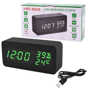 Електронний настільний годинник VST-862S-4 чорний із зеленим підсвічуванням, з датчиками температури та вологості