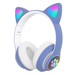 Бездротові Bluetooth навушники з котячими LED вушками STN-28 micro SD, AUX Сині, що світяться