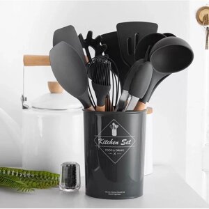 Силіконовий кухонний набір приладдя з дерев'яною ручкою 12 предметів Чорний