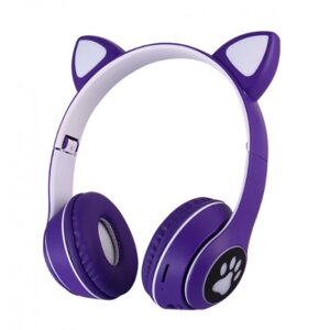 Бездротові навушники з котячими вушками та RGB підсвічуванням FM радіо, micro SD Cat MZ-023 Фіолетові