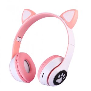Бездротові навушники з котячими вушками та RGB підсвічуванням FM радіо, micro SD Cat MZ-023 Рожеві з білим