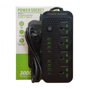 Мережевий подовжувач фільтр Power Socket J08 на 4 розетки + 6 USB 3.4A та 2 Type-C Чорний