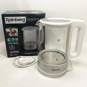 Дисковий електричний чайник Rainberg RB-709 скляний з підсвічуванням. Колір білий
