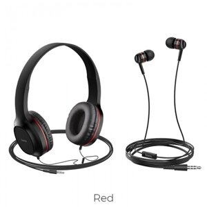 Комплект дротових навушників накладні + вакуумні Hoco W24 Чорні з червоним