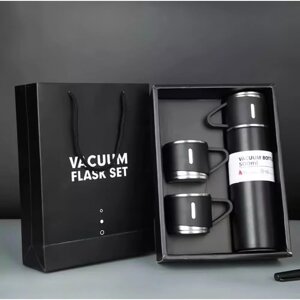 Подарунковий набір Vacuum Flask SET вакуумний термос з нержавіючої сталі 3 чашки Чорний