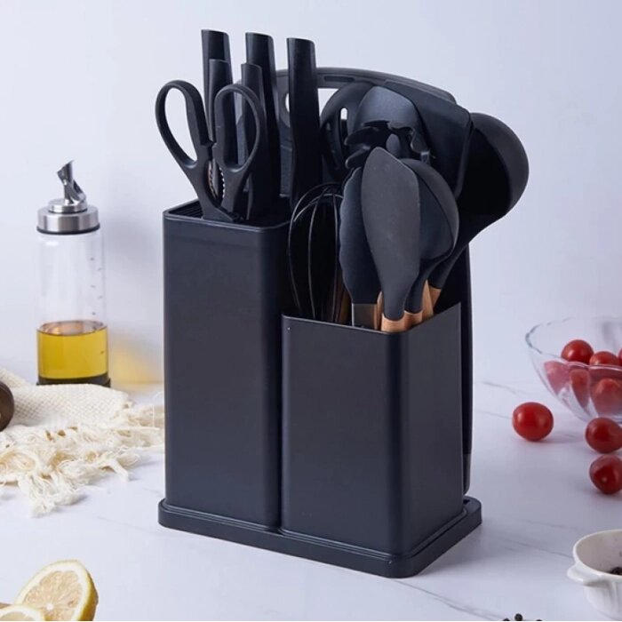 Силіконовий кухонний набір приладдя з дерев'яною ручкою Kitchenware Set 19 предметів Чорний від компанії Інтернет-магазин  towershop.online - фото 1